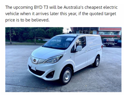 售价不超3.5万澳元 比亚迪T3将成澳洲最便宜电动汽车